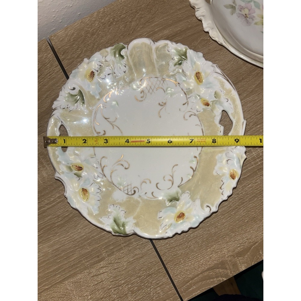 Pair Antique Victorian Hand Painted Porcelain Handled Cake Server Plates Floral - Picture 14 of 16